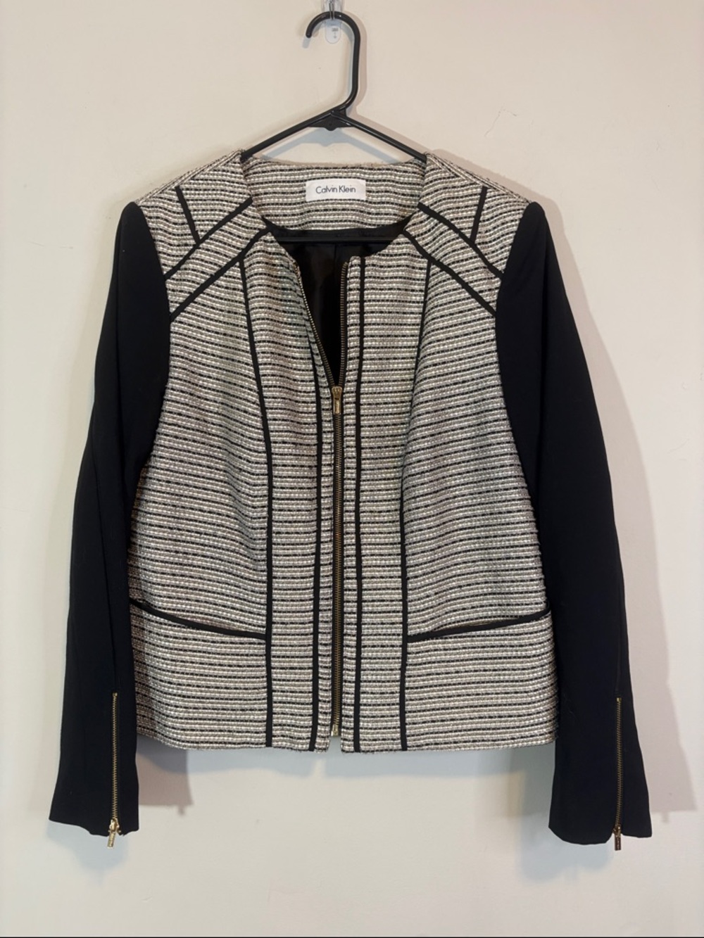 Black and White Metallic Tweed Contrast Sleeve Zip Front Suit Jacket Trim Seams